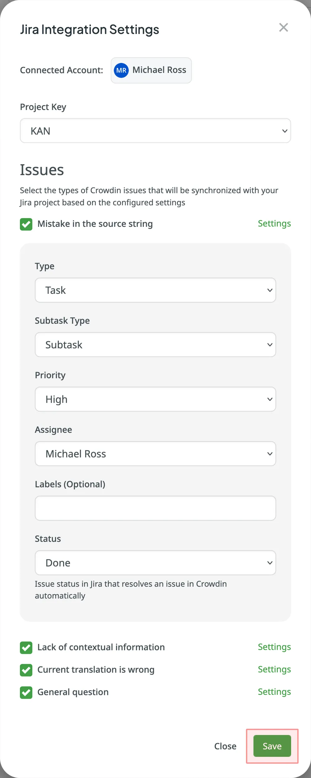 Jira Bütünleştirme ayarları ileti öğesi