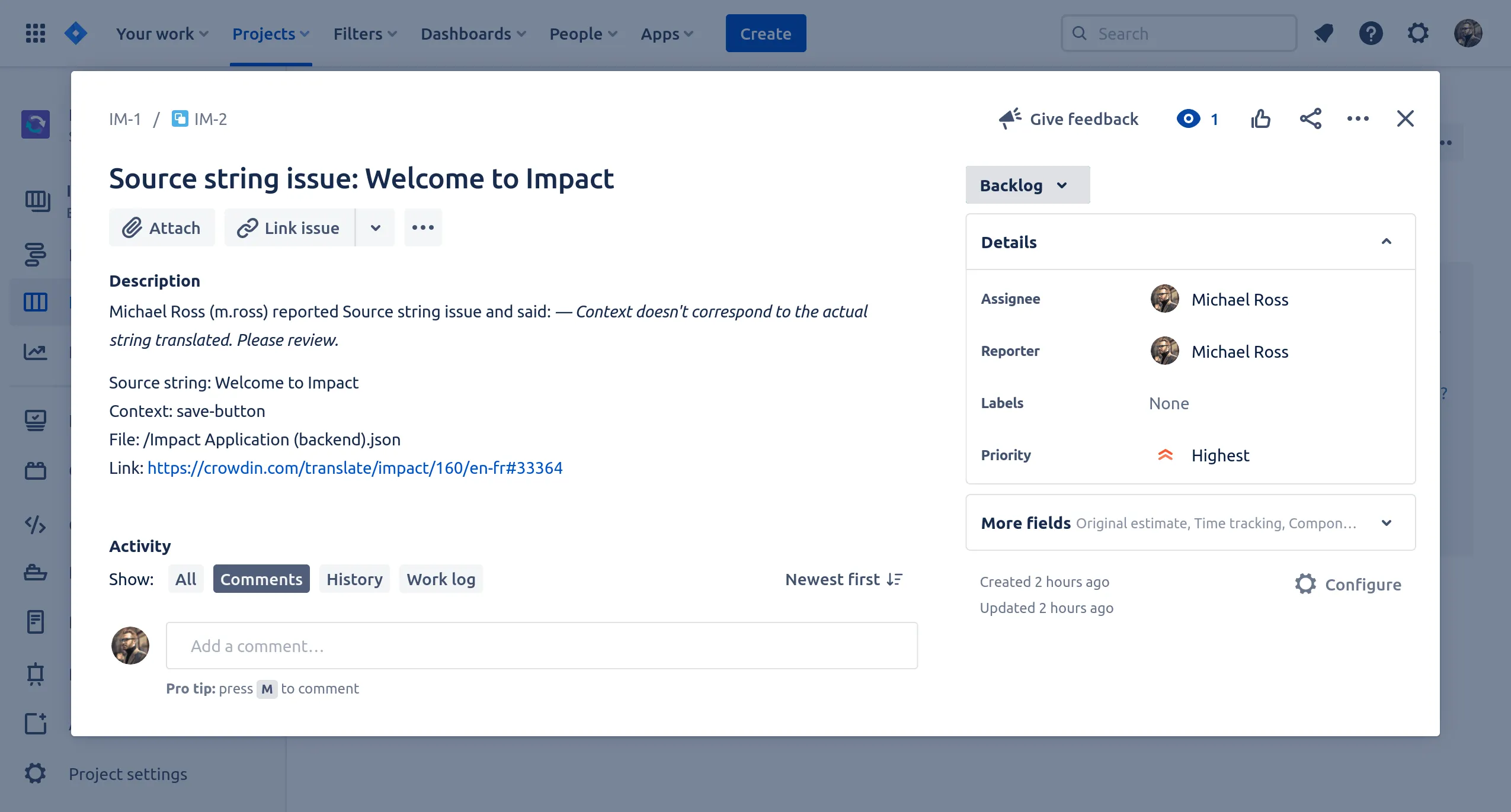 Jira’da görüntülenen Crowdin sorunu